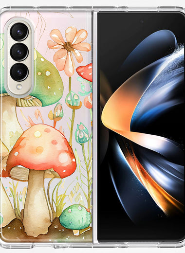 Samsung Galaxy Z Fold 4 Fairytale Watercolor Mushrooms Pastel Spring Flowers Floral Hybrid Protective Phone Case Cover
