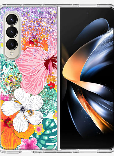 Samsung Galaxy Z Fold 4 Hawaiian Vibes Hibiscus Flowers Monstera Vacation Summer Hybrid Protective Phone Case Cover