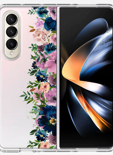 Samsung Galaxy Z Fold 4 Navy Blue Summer Watercolor Floral Classic Purple Flowers Hybrid Protective Phone Case Cover