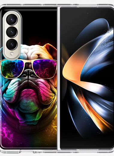 Samsung Galaxy Z Fold 4 Neon Rainbow Glow Bulldog Hybrid Protective Phone Case Cover