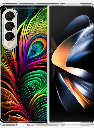 Samsung Galaxy Z Fold 4 Neon Rainbow Glow Peacock Feather Hybrid Protective Phone Case Cover