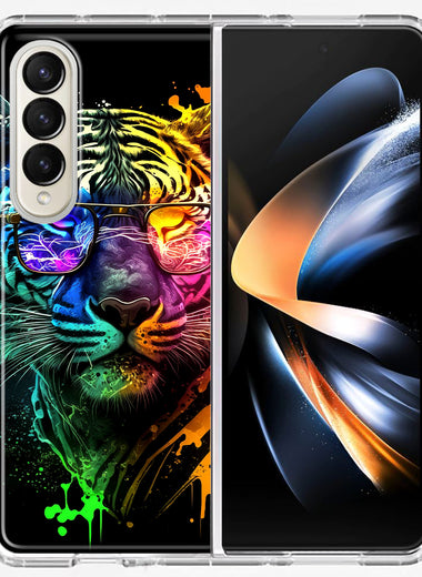 Samsung Galaxy Z Fold 4 Neon Rainbow Swag Tiger Hybrid Protective Phone Case Cover