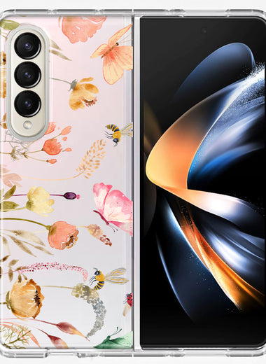 Samsung Galaxy Z Fold 4 Peach Meadow Wildflowers Butterflies Bees Watercolor Floral Hybrid Protective Phone Case Cover