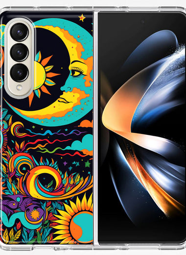 Samsung Galaxy Z Fold 4 Neon Rainbow Psychedelic Indie Hippie Indie Moon Hybrid Protective Phone Case Cover