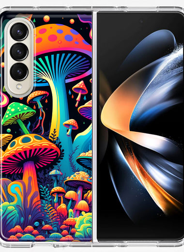 Samsung Galaxy Z Fold 4 Neon Rainbow Psychedelic Indie Hippie Mushrooms Hybrid Protective Phone Case Cover