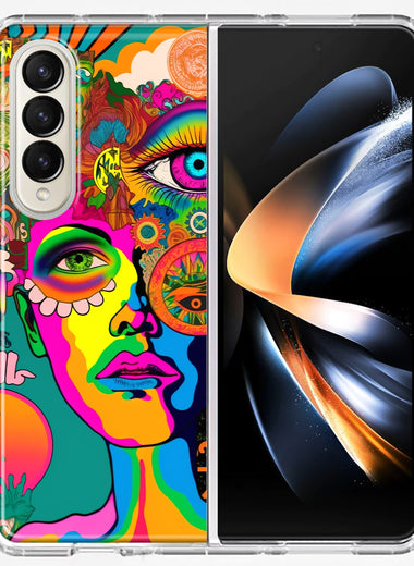 Samsung Galaxy Z Fold 4 Neon Rainbow Psychedelic Hippie One Eye Pop Art Hybrid Protective Phone Case Cover