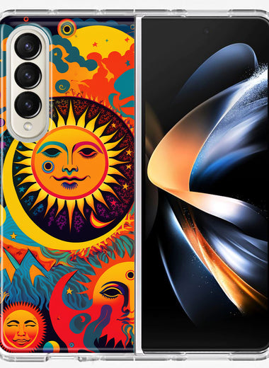 Samsung Galaxy Z Fold 4 Neon Rainbow Psychedelic Indie Hippie Sun Moon Hybrid Protective Phone Case Cover