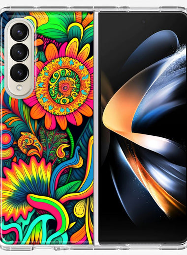 Samsung Galaxy Z Fold 4 Neon Rainbow Psychedelic Indie Hippie Sunflowers Hybrid Protective Phone Case Cover
