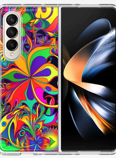 Samsung Galaxy Z Fold 4 Neon Rainbow Psychedelic Hippie Wild Flowers Hybrid Protective Phone Case Cover