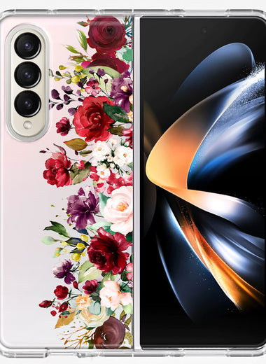 Samsung Galaxy Z Fold 4 Red Summer Watercolor Floral Bouquets Ruby Flowers Hybrid Protective Phone Case Cover