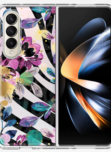 Samsung Galaxy Z Fold 4 Zebra Stripes Tropical Flowers Purple Blue Summer Vibes Hybrid Protective Phone Case Cover