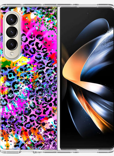 Samsung Galaxy Z Fold 4 Vibrant Pink Purple Tie Dye Summer Leopard Swirl Rainbow Hybrid Protective Phone Case Cover