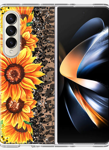 Samsung Galaxy Z Fold 4 Yellow Summer Sunflowers Brown Leopard Honeycomb Hybrid Protective Phone Case Cover
