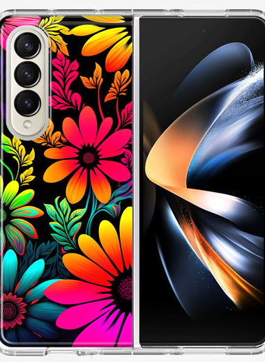 Samsung Galaxy Z Fold 4 Neon Rainbow Glow Colorful Abstract Flowers Floral Hybrid Protective Phone Case Cover