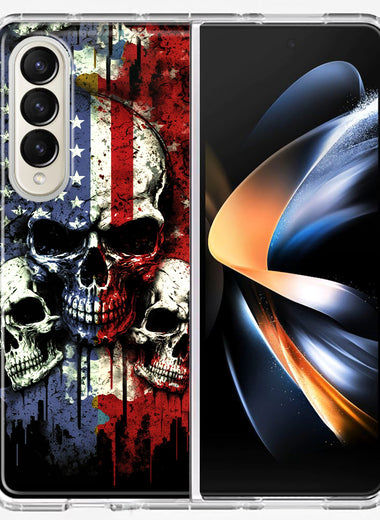 Samsung Galaxy Z Fold 4 American USA Flag Skulls Blue Red Double Layer Phone Case Cover