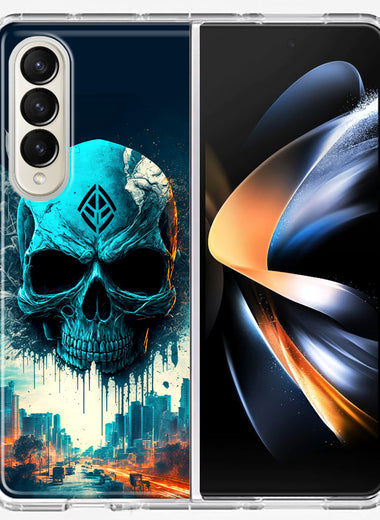 Samsung Galaxy Z Fold 4 Blue Apocalypse Cyberpunk Skull Feather Double Layer Phone Case Cover