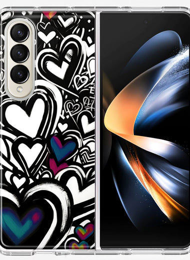 Samsung Galaxy Z Fold 4 Black White Hearts Love Graffiti Hybrid Protective Phone Case Cover