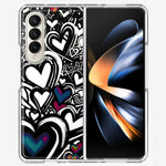 Samsung Galaxy Z Fold 4 Black White Hearts Love Graffiti Hybrid Protective Phone Case Cover