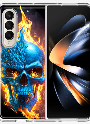 Samsung Galaxy Z Fold 4 Blue Flaming Skull Burning Fire Double Layer Phone Case Cover