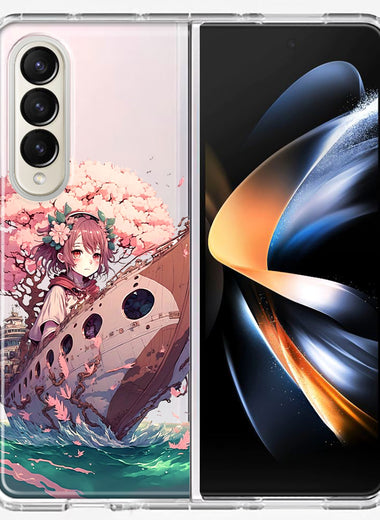 Samsung Galaxy Z Fold 4 Kawaii Manga Pink Cherry Blossom Japanese Girl Boat Hybrid Protective Phone Case Cover