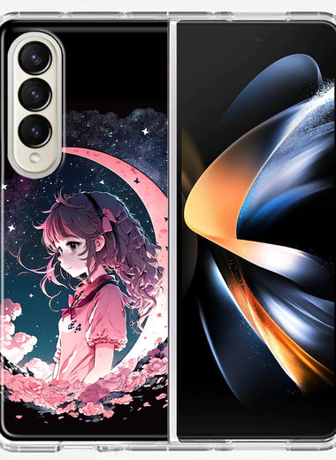 Samsung Galaxy Z Fold 4 Kawaii Manga Pink Cherry Blossom Dreaming Moon Girl Hybrid Protective Phone Case Cover