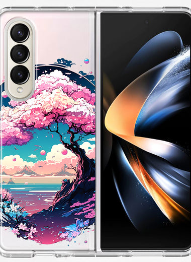 Samsung Galaxy Z Fold 4 Kawaii Manga Pink Cherry Blossom Japanese Sky Floral Ocean Hybrid Protective Phone Case Cover