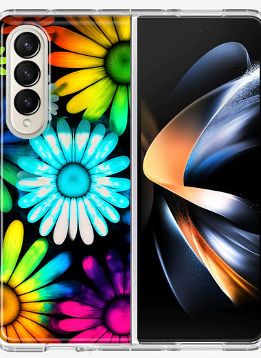 Samsung Galaxy Z Fold 4 Neon Rainbow Daisy Glow Colorful Daisies Baby Blue Pink Yellow White Double Layer Phone Case Cover