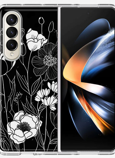 Samsung Galaxy Z Fold 4 Line Drawing Art White Floral Flowers Hybrid Protective Phone Case Cover