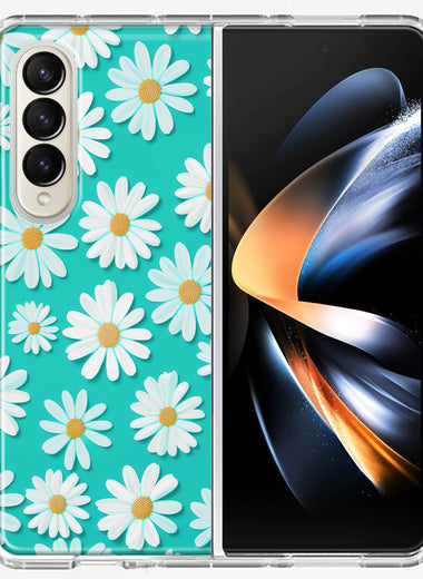 Samsung Galaxy Z Fold 4 Turquoise Teal White Daisies Cute Daisy Polka Dots Double Layer Phone Case Cover