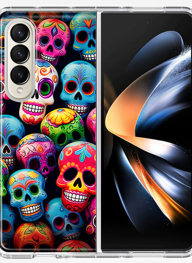 Samsung Galaxy Z Fold 4 Halloween Spooky Colorful Day of the Dead Skulls Hybrid Protective Phone Case Cover