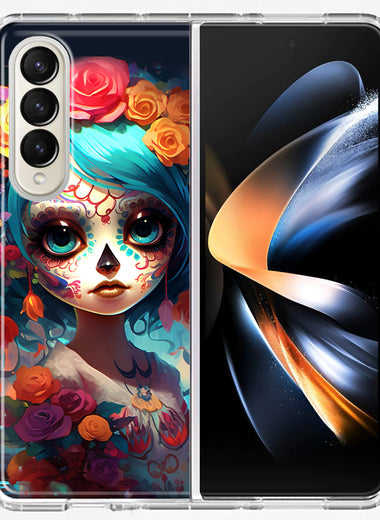 Samsung Galaxy Z Fold 4 Halloween Spooky Colorful Day of the Dead Skull Girl Hybrid Protective Phone Case Cover