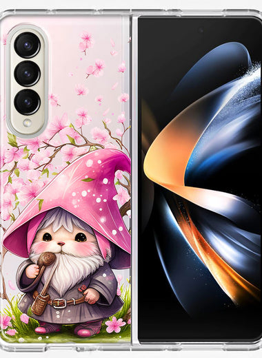 Samsung Galaxy Z Fold 4 Cute Pink Cherry Blossom Gnome Spring Floral Flowers Double Layer Phone Case Cover