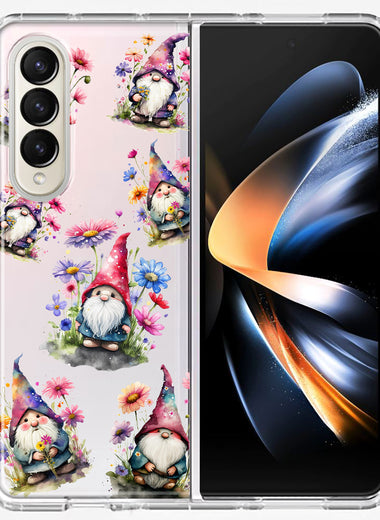 Samsung Galaxy Z Fold 4 Cute Pink Purple Cosmos Flowers Gnomes Spring Floral Double Layer Phone Case Cover