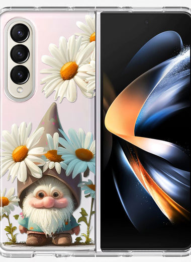 Samsung Galaxy Z Fold 4 Cute Gnome White Daisy Flowers Floral Hybrid Protective Phone Case Cover
