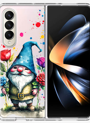 Samsung Galaxy Z Fold 4 Gnome Red Purple Blue Roses Garden Hybrid Protective Phone Case Cover