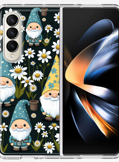 Samsung Galaxy Z Fold 4 Cute White Daisies Gnomes Flowers Floral Double Layer Phone Case Cover