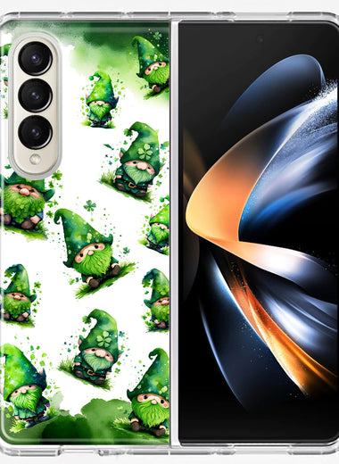 Samsung Galaxy Z Fold 4 Gnomes Shamrock Lucky Green Clover St. Patrick Hybrid Protective Phone Case Cover