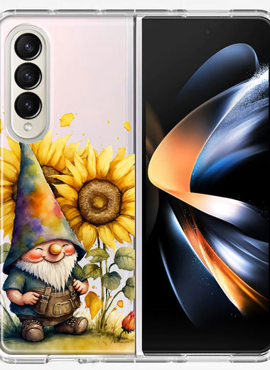 Samsung Galaxy Z Fold 4 Cute Gnome Sunflowers Clear Hybrid Protective Phone Case Cover