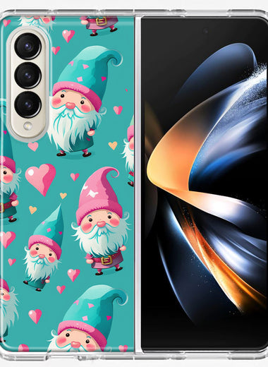 Samsung Galaxy Z Fold 4 Turquoise Pink Hearts Gnomes Hybrid Protective Phone Case Cover