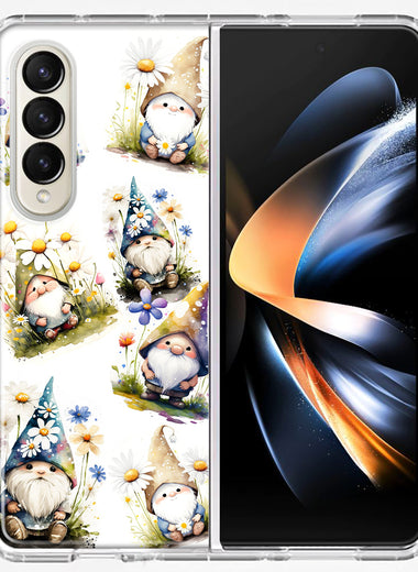 Samsung Galaxy Z Fold 4 Cute White Blue Daisies Gnomes Hybrid Protective Phone Case Cover