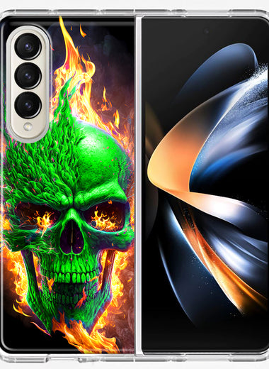 Samsung Galaxy Z Fold 4 Green Flaming Skull Burning Fire Double Layer Phone Case Cover