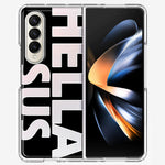 Samsung Galaxy Z Fold 4 Black Clear Funny Text Quote Hella Sus Hybrid Protective Phone Case Cover