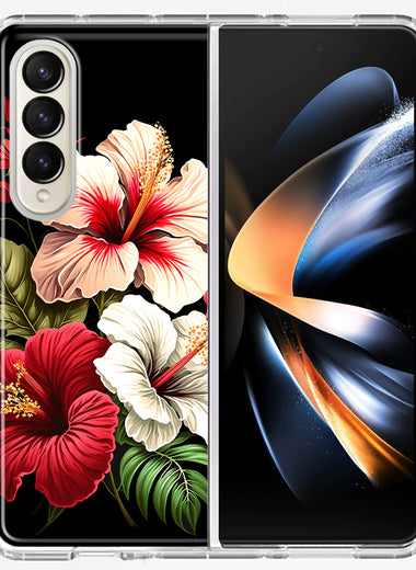 Samsung Galaxy Z Fold 4 Pink Red Hibiscus Wild Flowers Floral Hybrid Protective Phone Case Cover