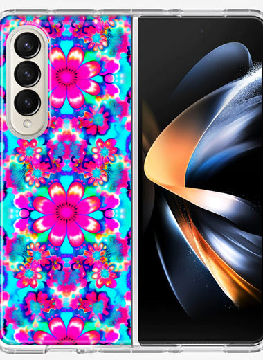 Samsung Galaxy Z Fold 4 Pink Blue Vintage Hippie Tie Dye Flowers Hybrid Protective Phone Case Cover