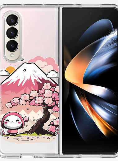 Samsung Galaxy Z Fold 4 Kawaii Manga Pink Cherry Blossom Fuji Mountain Mochi Girl Hybrid Protective Phone Case Cover