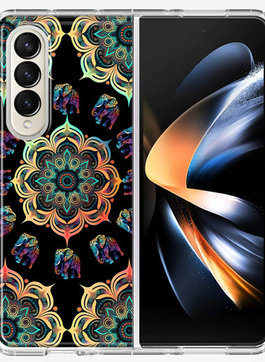 Samsung Galaxy Z Fold 4 Mandala Geometry Abstract Elephant Pattern Hybrid Protective Phone Case Cover