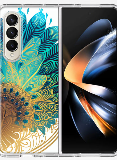 Samsung Galaxy Z Fold 4 Mandala Geometry Abstract Peacock Feather Pattern Hybrid Protective Phone Case Cover