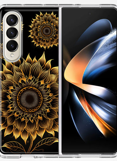 Samsung Galaxy Z Fold 4 Mandala Geometry Abstract Sunflowers Pattern Hybrid Protective Phone Case Cover