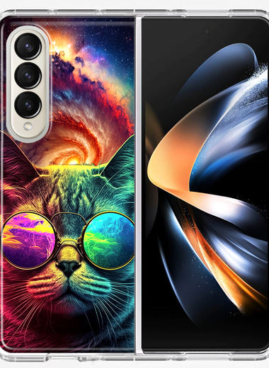 Samsung Galaxy Z Fold 4 Neon Rainbow Galaxy Cat Hybrid Protective Phone Case Cover
