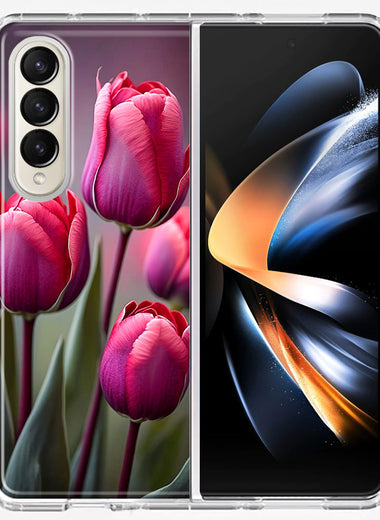 Samsung Galaxy Z Fold 4 Pink Tulip Flowers Floral Hybrid Protective Phone Case Cover